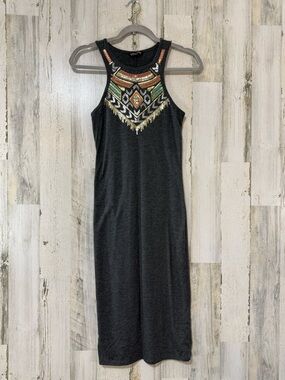 Express Dark Gray Maxi Dress Beaded Sequined Neckline Sleeveless Bodycon